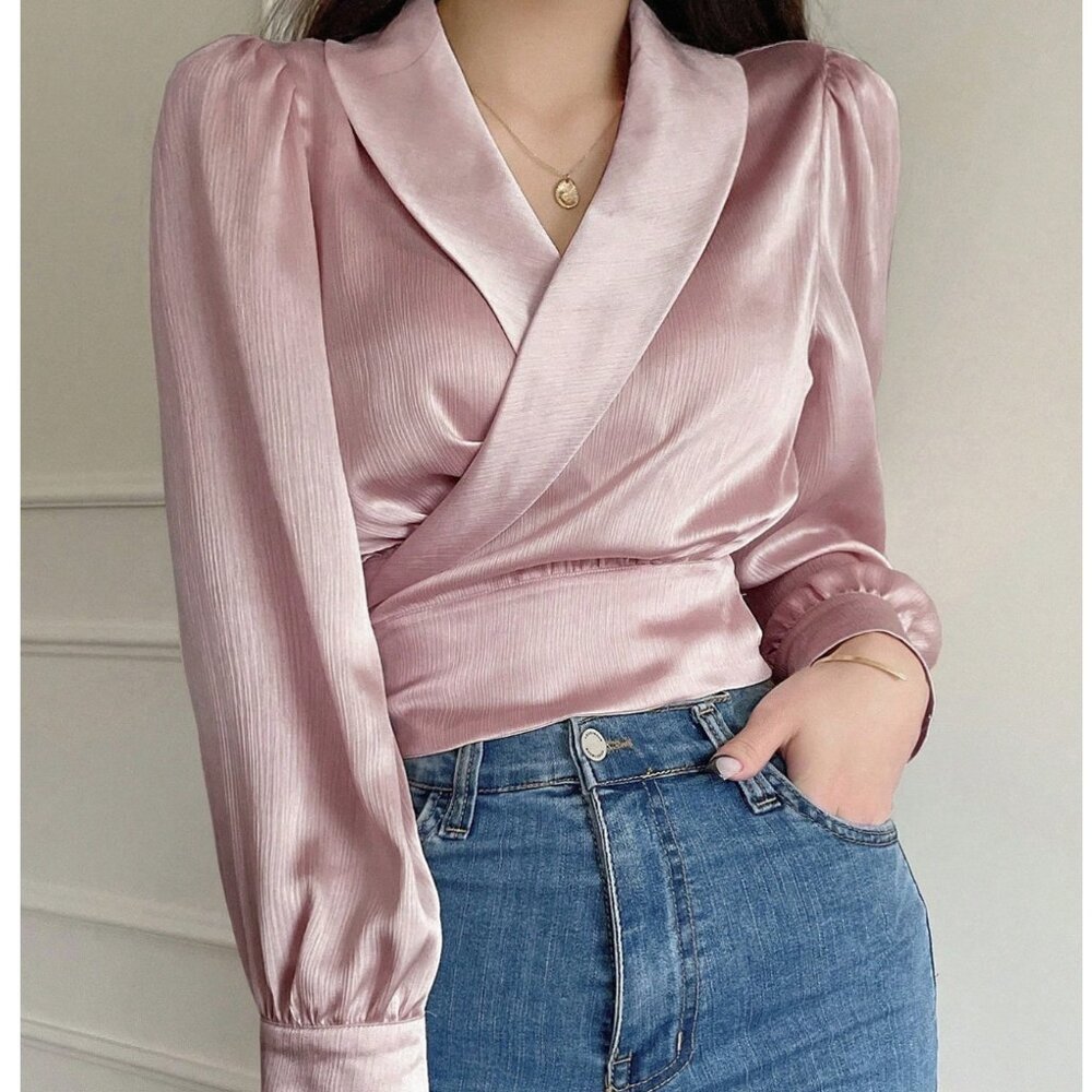 🤍 Women’s Satin Wrap Blouse Pink Long Sleeve Tie Back Top Elegant V-Neck